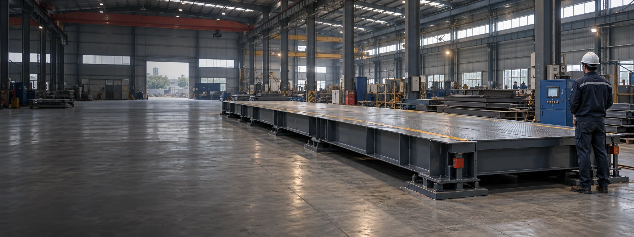 Industrial weighing equipment and control cabinet in an illustrative assembly workshop