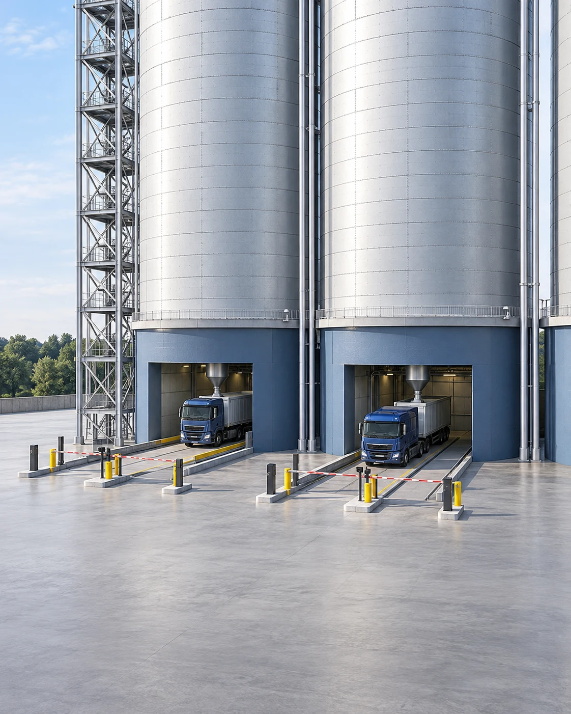 Silo loading stations with trucks on weighing platforms