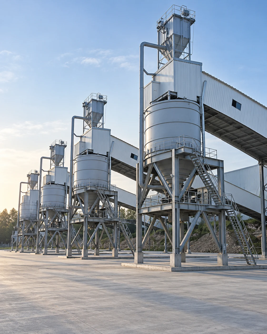 Steel storage silos with hopper bottoms and connected conveyors