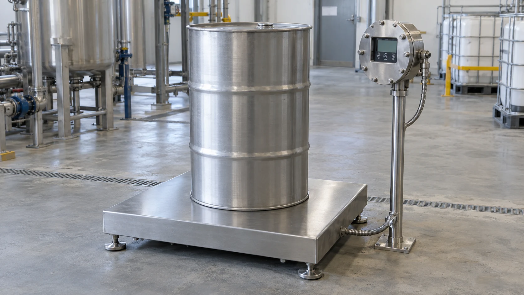 Sealed industrial weighing indicator beside a stainless platform and material drum