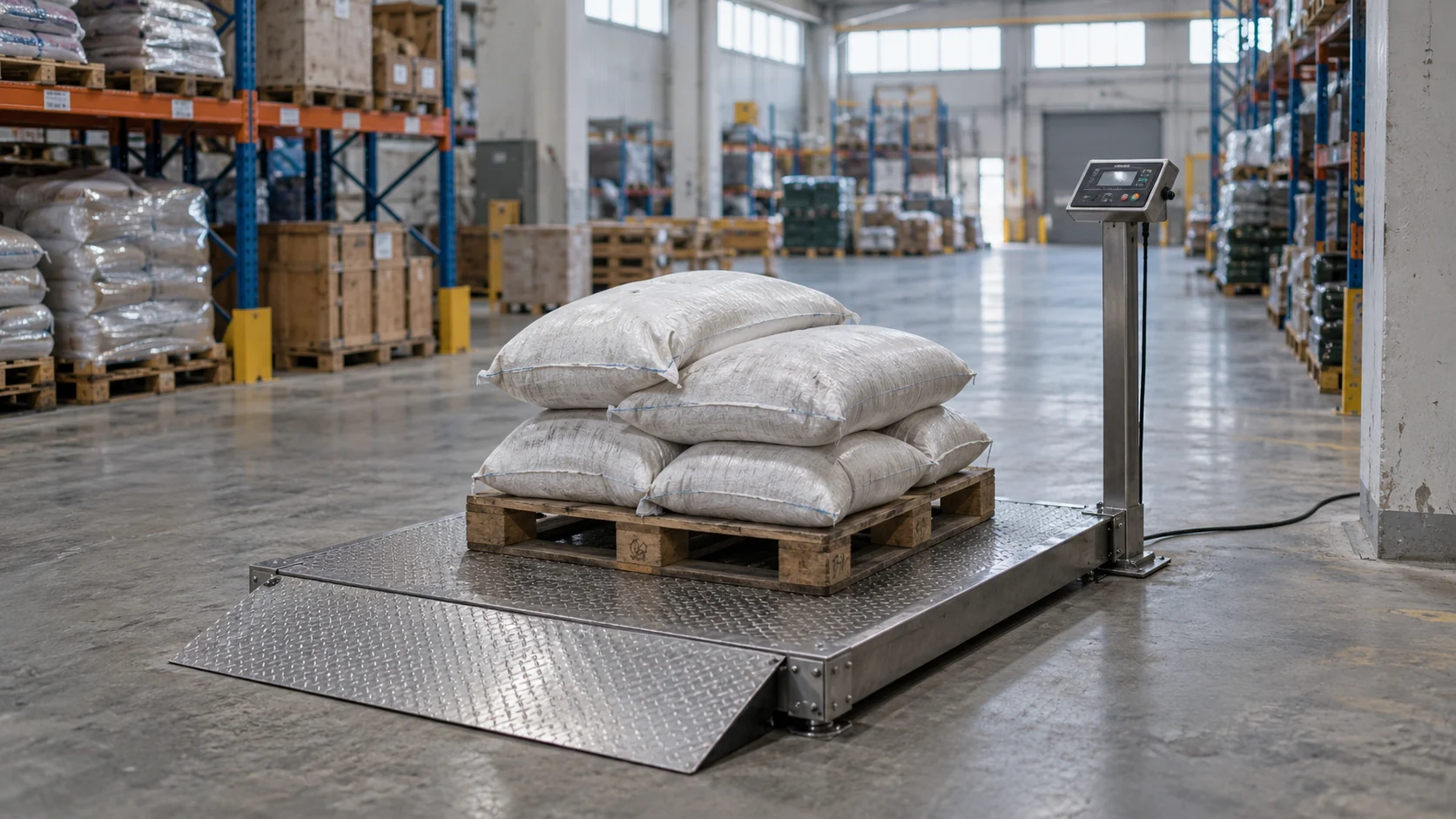 Industrial floor platform scale with pallet load and connected weighing indicator