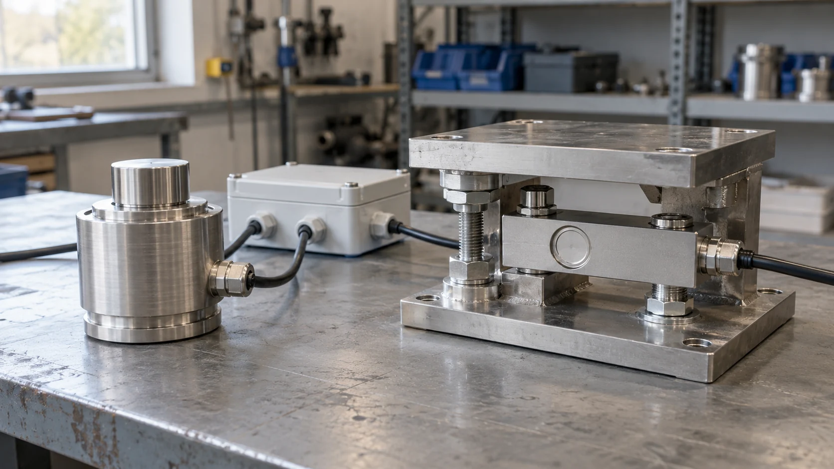 Stainless compression load cell and tank weighing mount module on an engineering bench