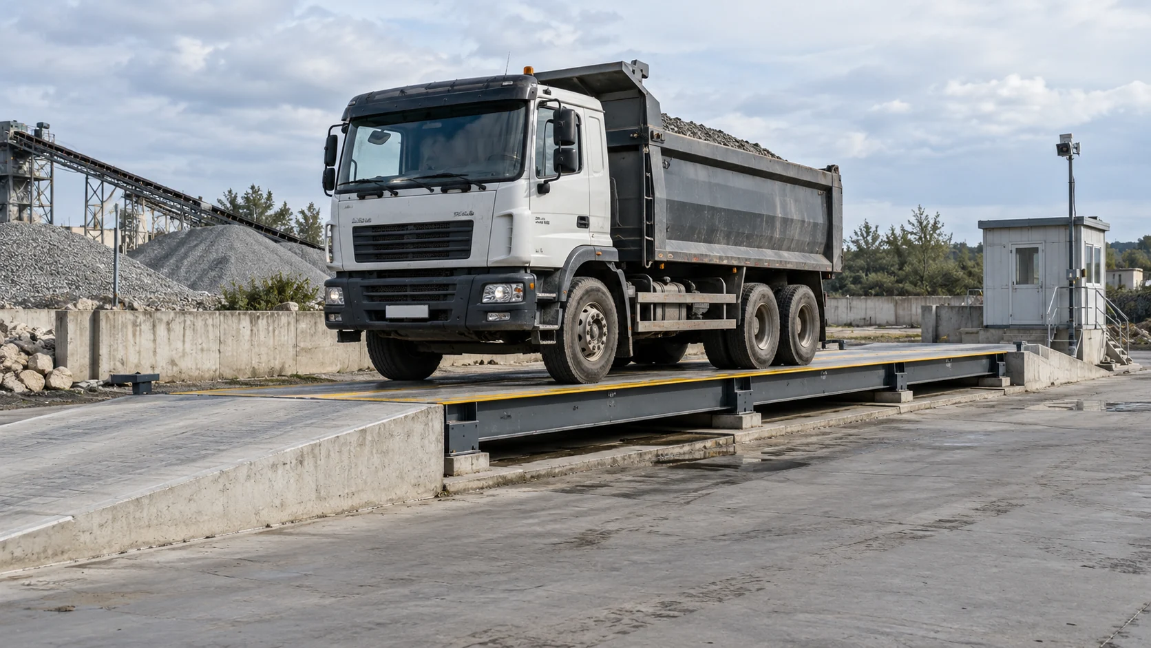 Heavy truck positioned on a modular steel weighbridge in an industrial yard